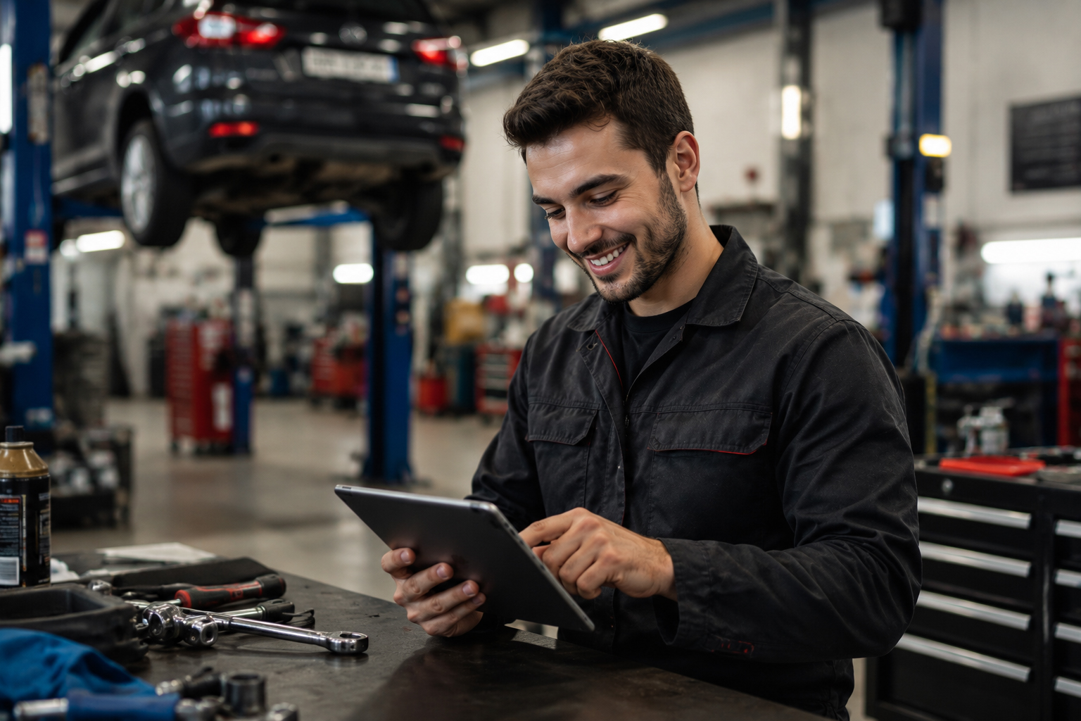 Auto mechanic using the app on a tablet