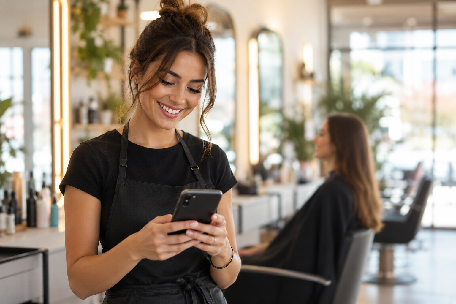 Hairdresser using the app on a phone